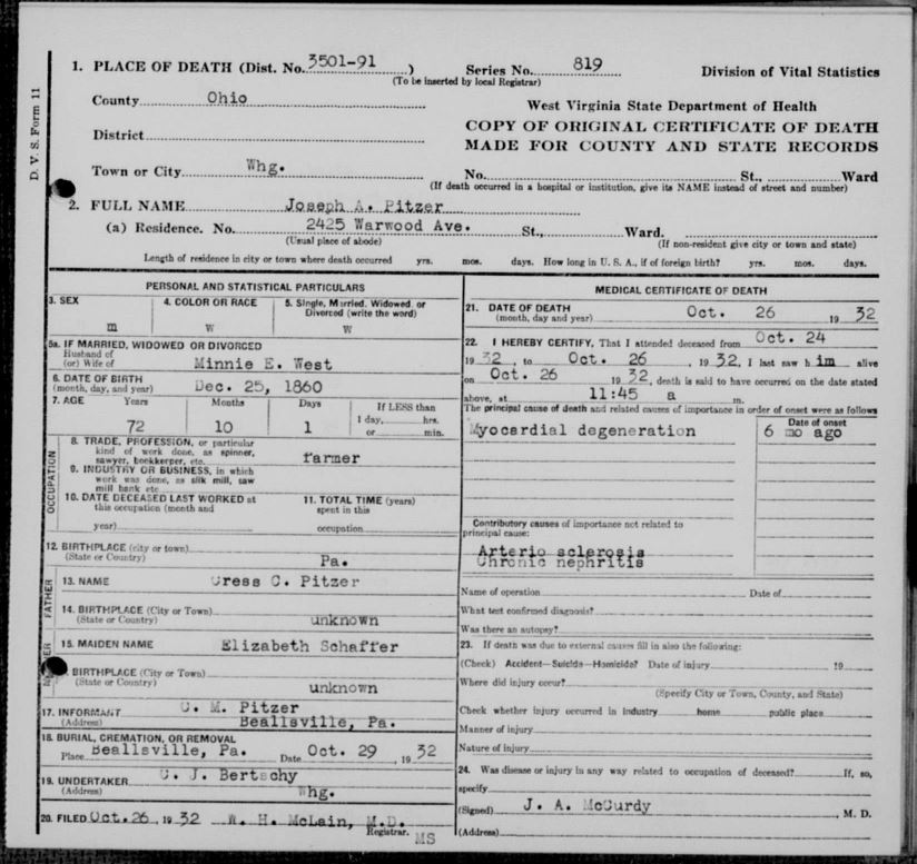 Joseph A. Pitzer death certificate